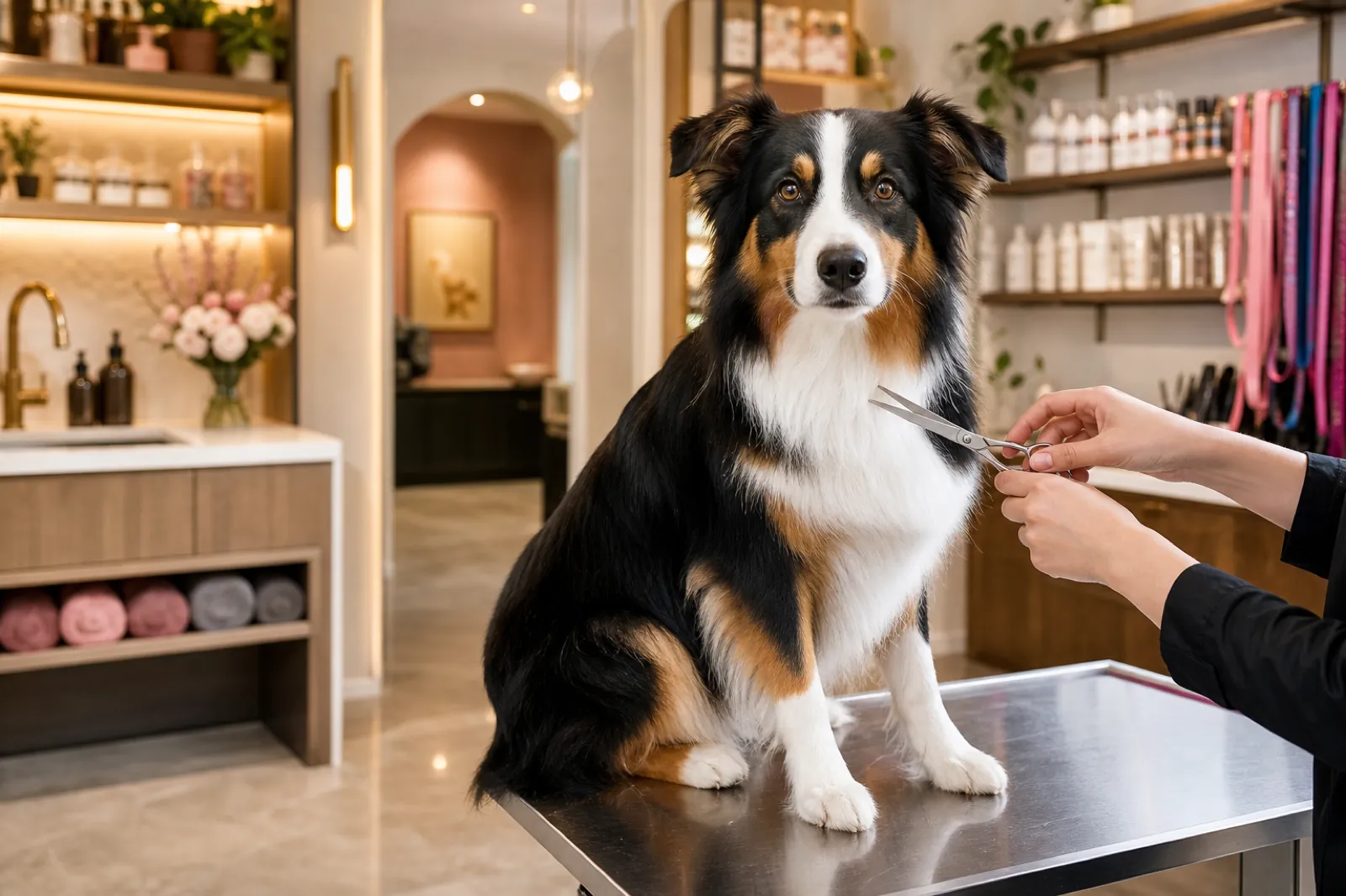 Interior moderno de peluqueria canina con Border Collie atendido