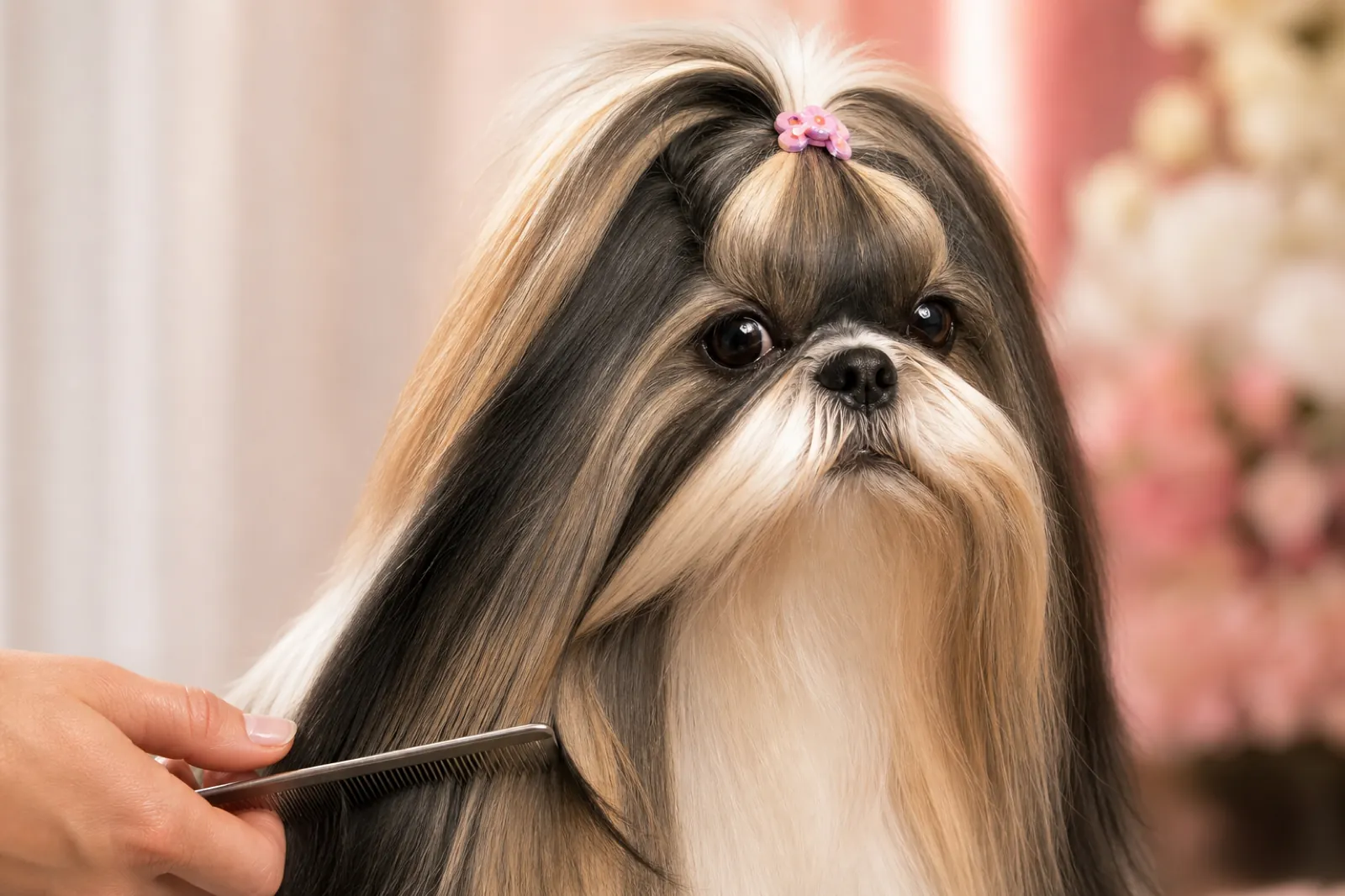 Shih Tzu de pelo largo siendo peinado con detalle
