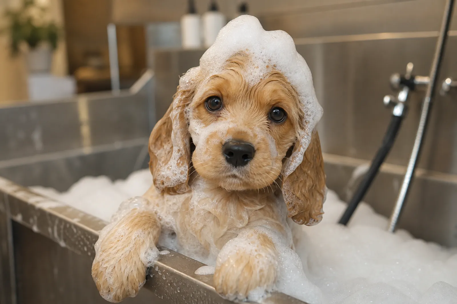 Cachorro de Cocker Spaniel disfrutando del bano en peluqueria canina