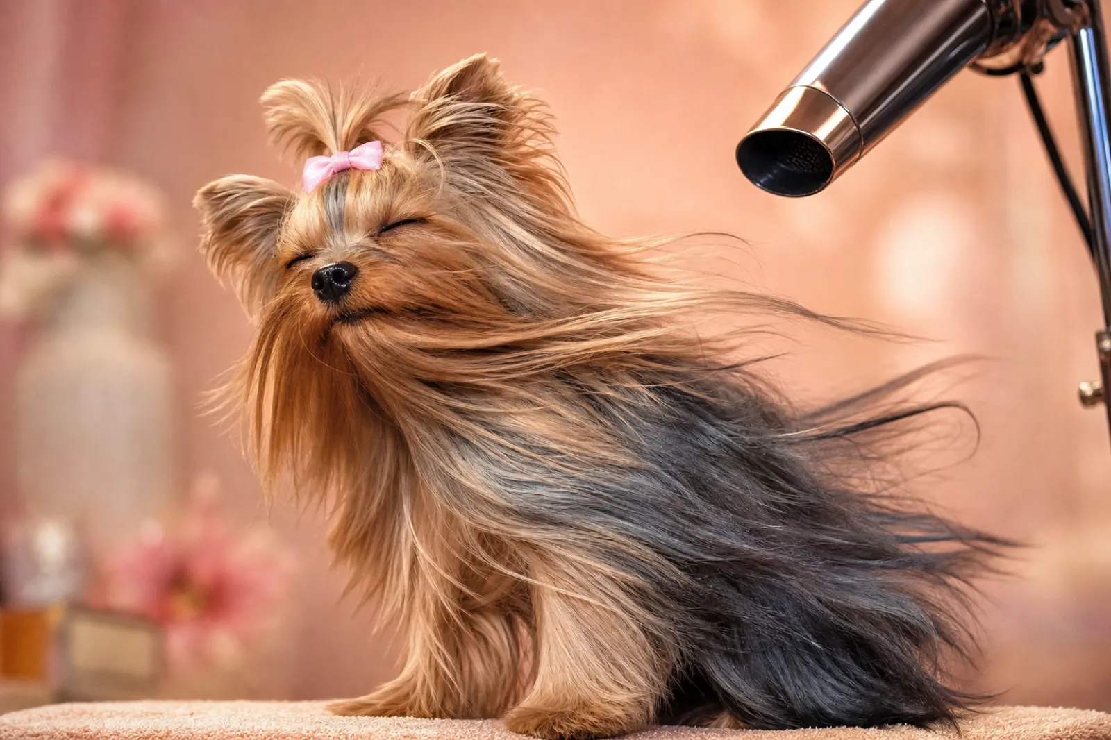 Yorkshire Terrier bajo el secador con el pelo al viento